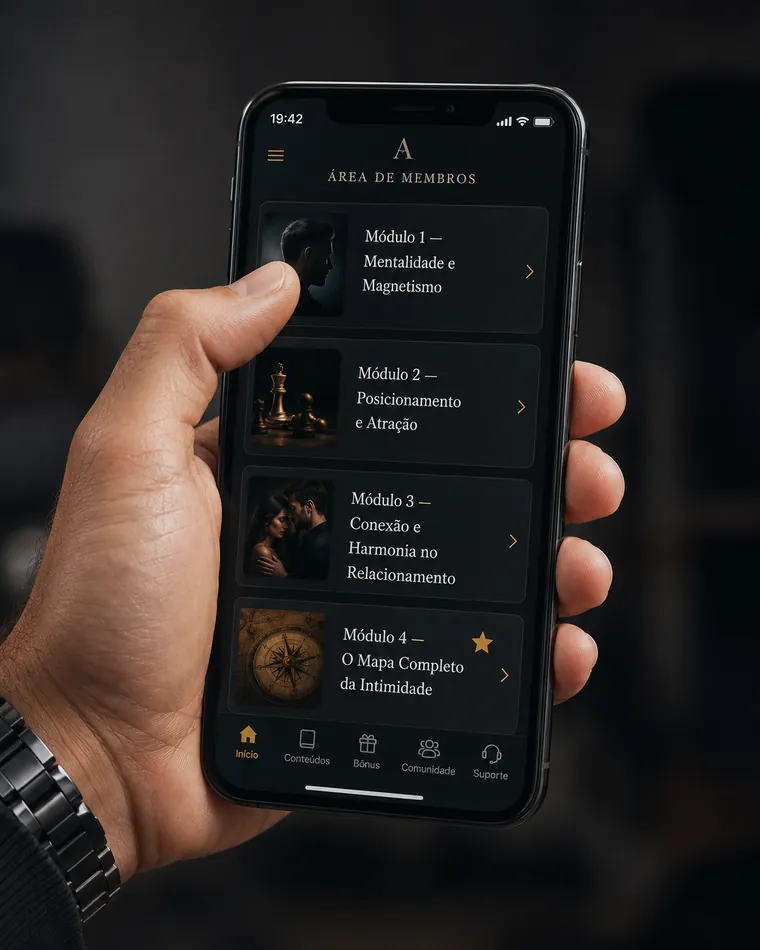 Área de membros no iPhone com os quatro módulos do programa