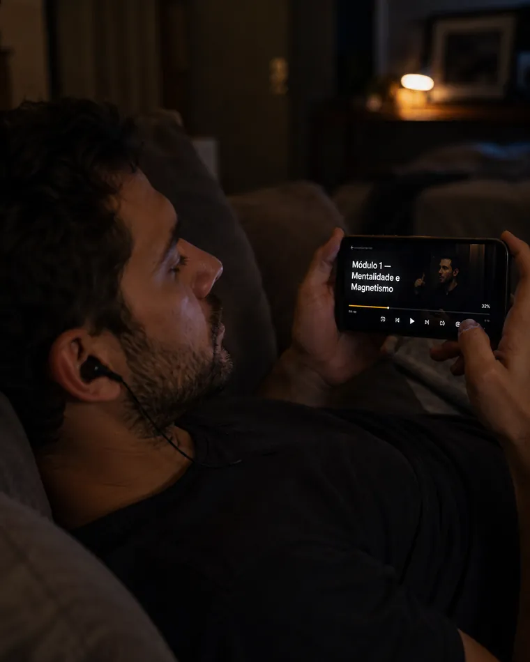 Homem assistindo ao Módulo 1 no iPhone à noite
